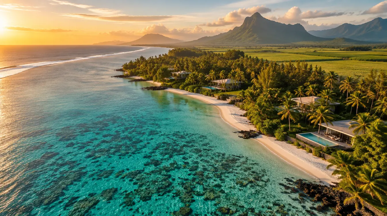 Aerial view of a Mauritian lagoon, beach villas and mountains at golden hour